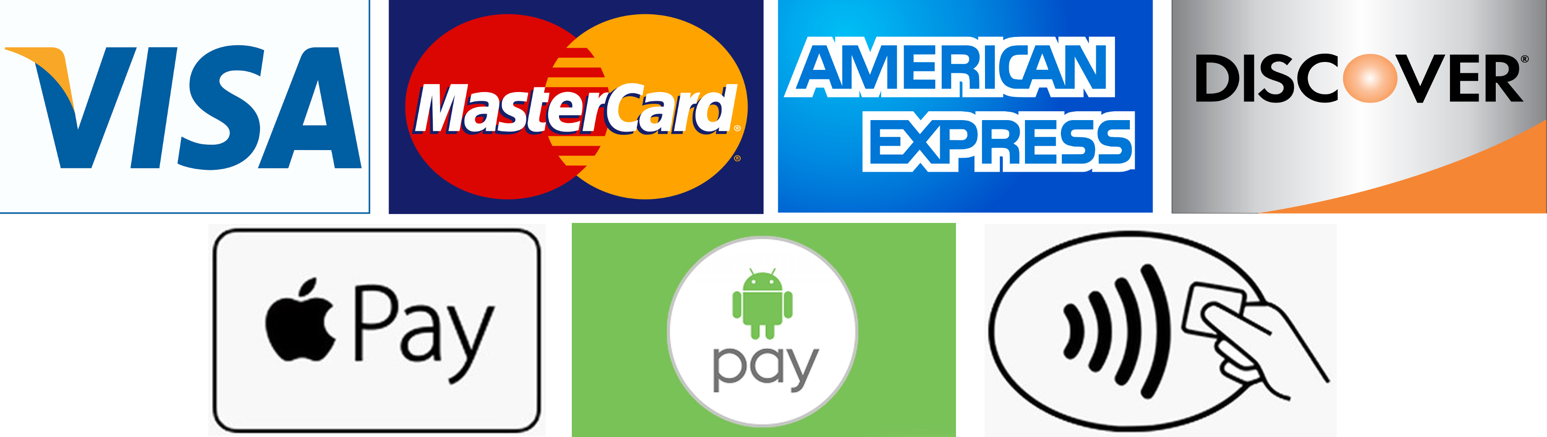 Visa, MasterCard, Amex, Discover, Apple Pay, Android Pay